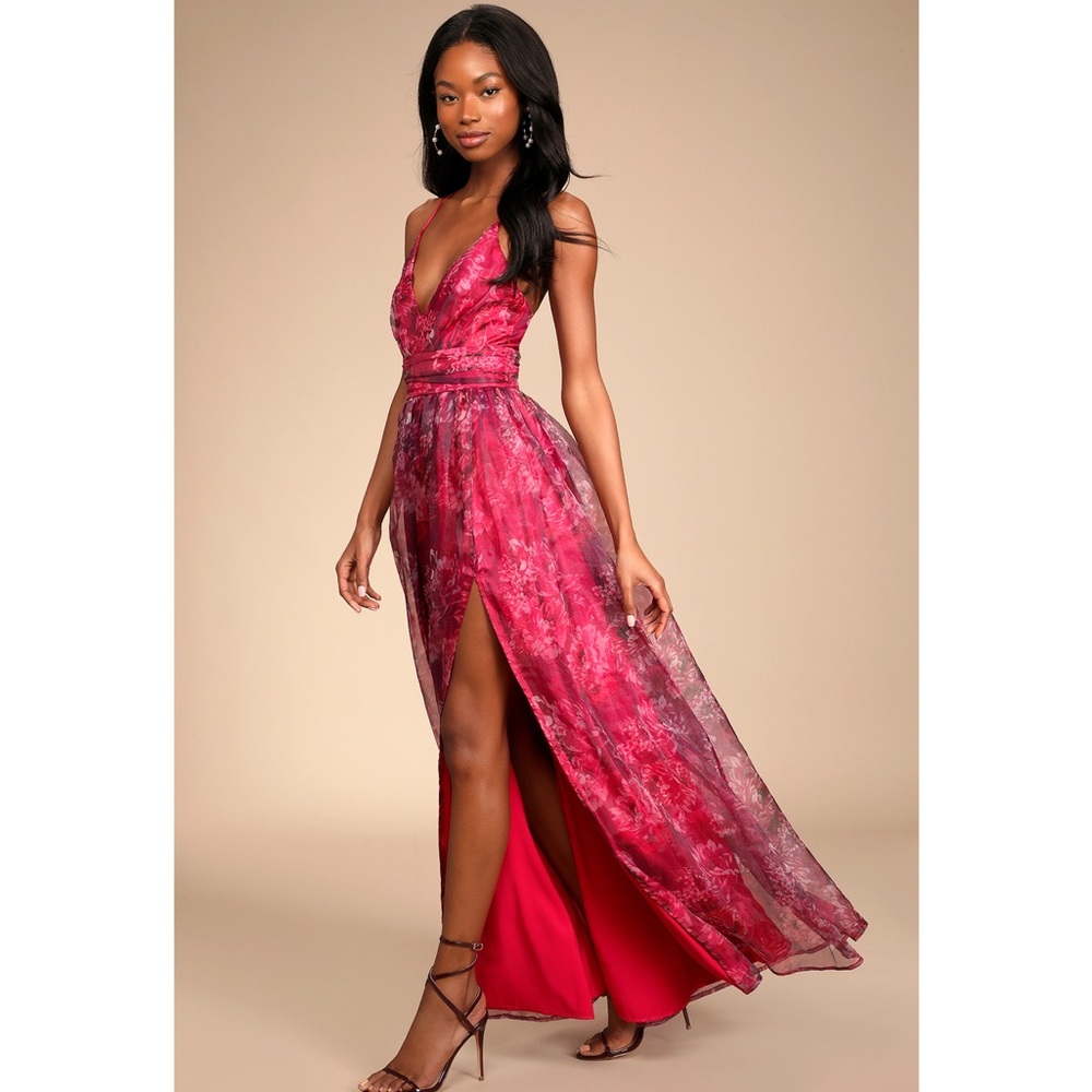 Lulus Romance That Wows Magenta Floral Print Organza Slit Maxi Dress Event